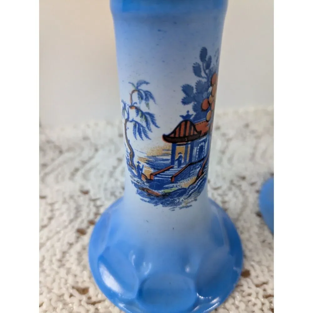 2 Pcs Porcelain Candlestick Holders - Blue with Japanese Garden Scene